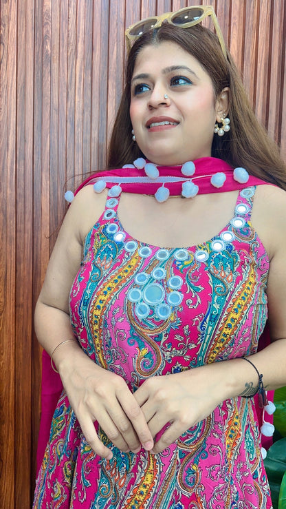 Magenta Premium Mirror work Strap Anarkali suit