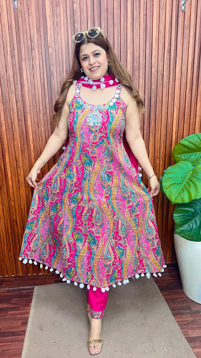 Magenta Premium Mirror work Strap Anarkali suit