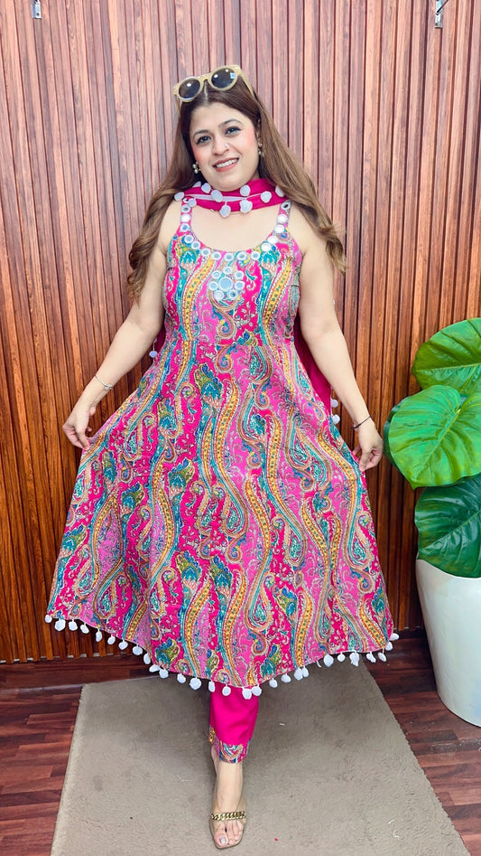 Magenta Premium Mirror work Strap Anarkali suit