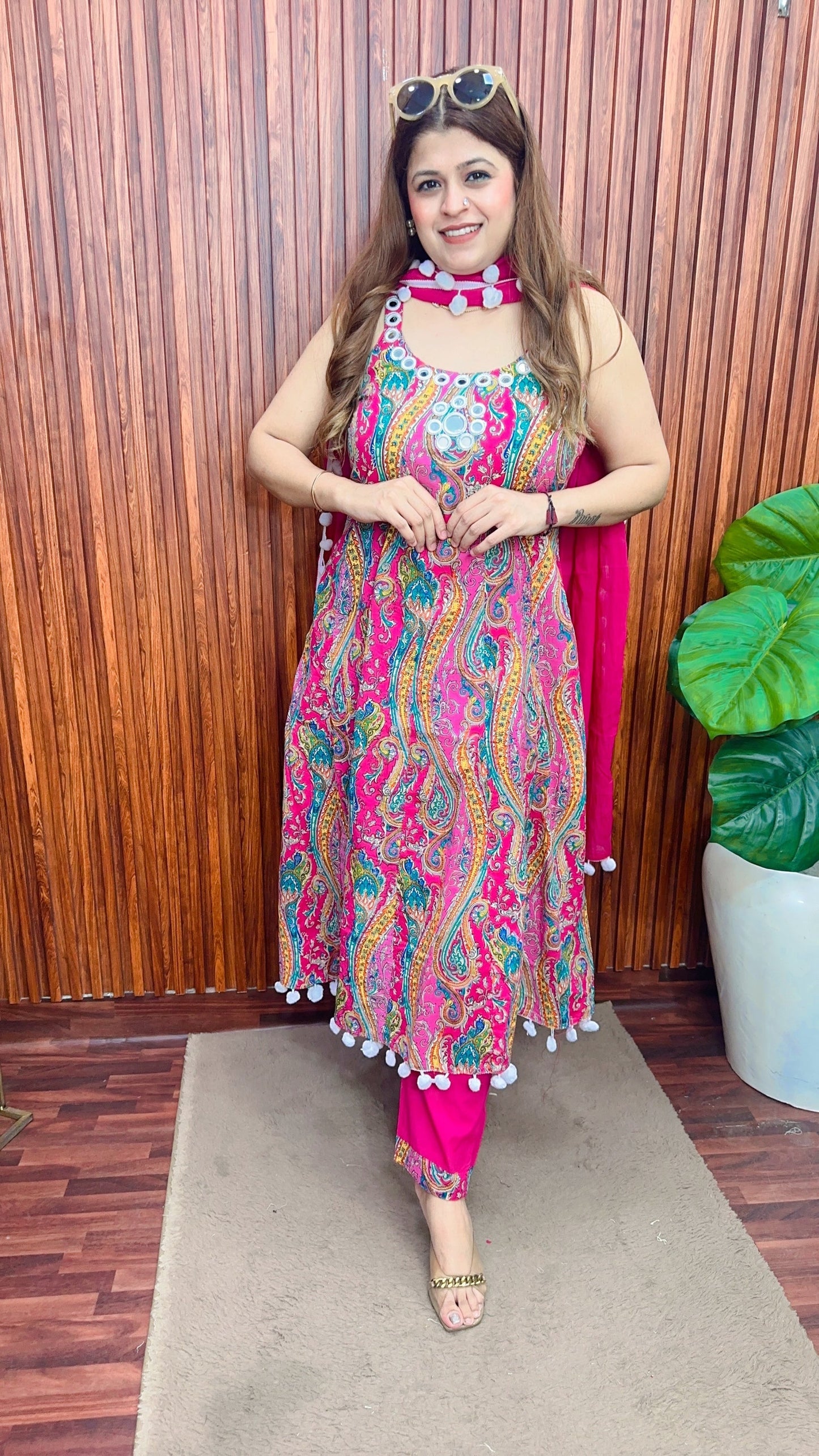 Magenta Premium Mirror work Strap Anarkali suit