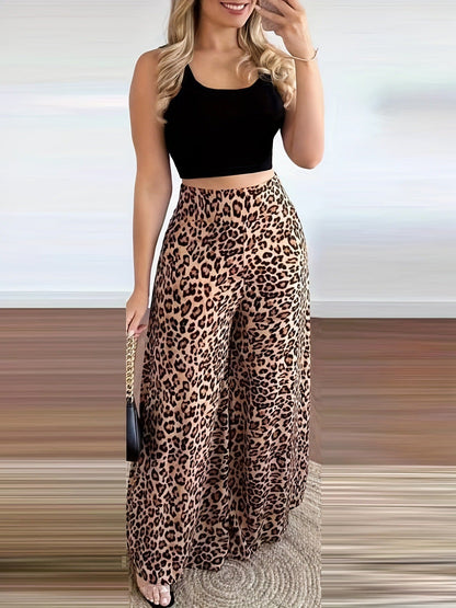 Leopard print casual elastic waist wide-leg trousers