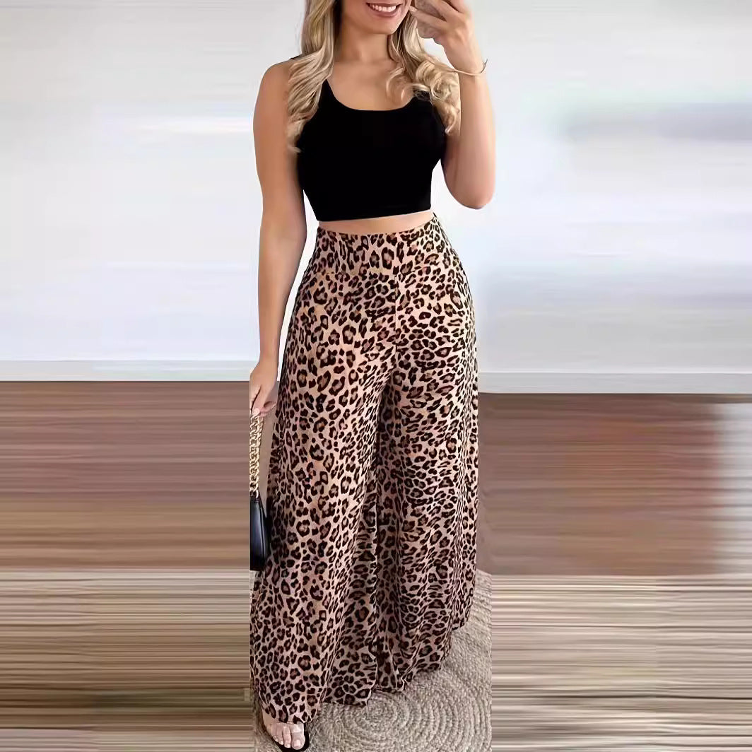 Leopard print casual elastic waist wide-leg trousers