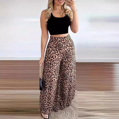 Leopard print casual elastic waist wide-leg trousers