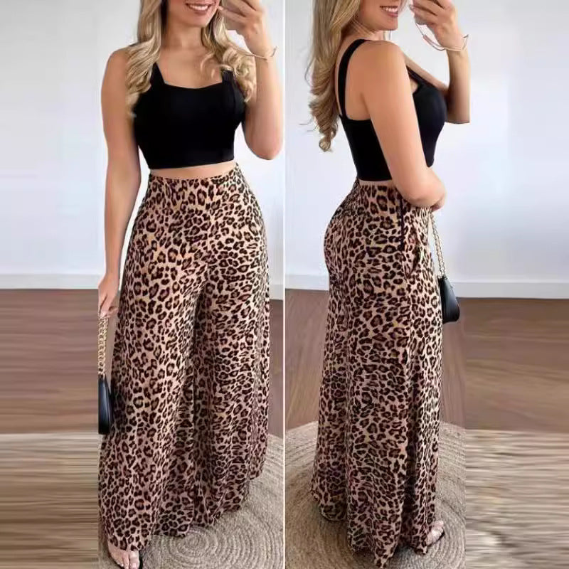 Leopard print casual elastic waist wide-leg trousers