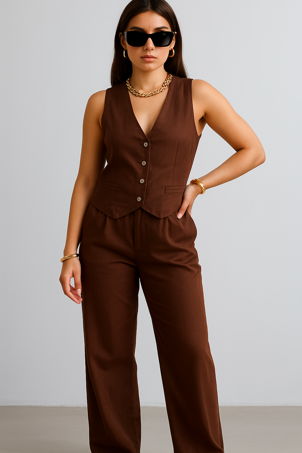 Alia Bhat Muse Chocolate Co-Linen Vest Coat & Trousers