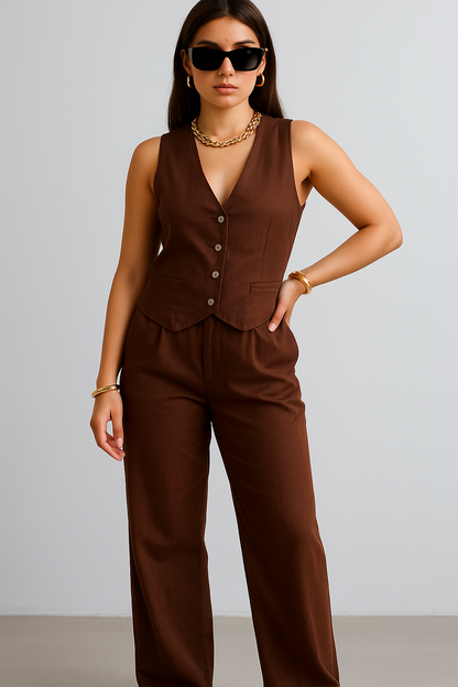 Alia Bhat Muse Chocolate Co-Linen Vest Coat & Trousers